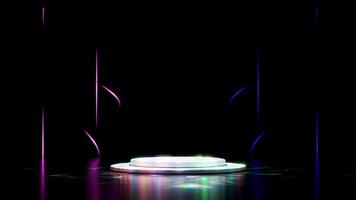 Modern empty white circular podium in a dark studio, surrounded by glowing vertical pink and blue neon lights and abstract wavy patterns. Ideal backdrop for product presentations or events. video