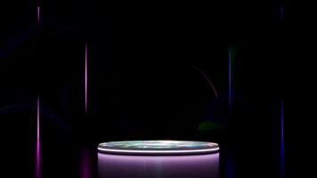 A futuristic 3D render of a product display podium with a shimmering surface and neon glowing elements against a dark background. Ideal for showcasing products, virtual events, or abstract concepts. video
