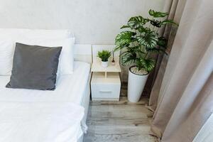 el dormitorio caracteristicas un acogedor cama, un elegante mesita de noche junto a él, y un encantador en conserva planta agregando un toque de naturaleza a el habitación, creando un sereno atmósfera Perfecto para relajación foto