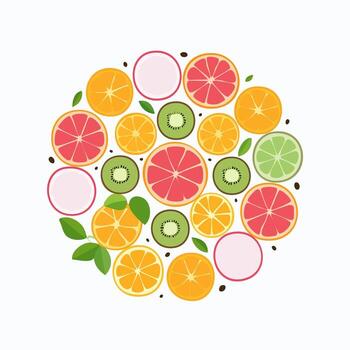 Assortment of sliced fruits arranged in a circular composition vector