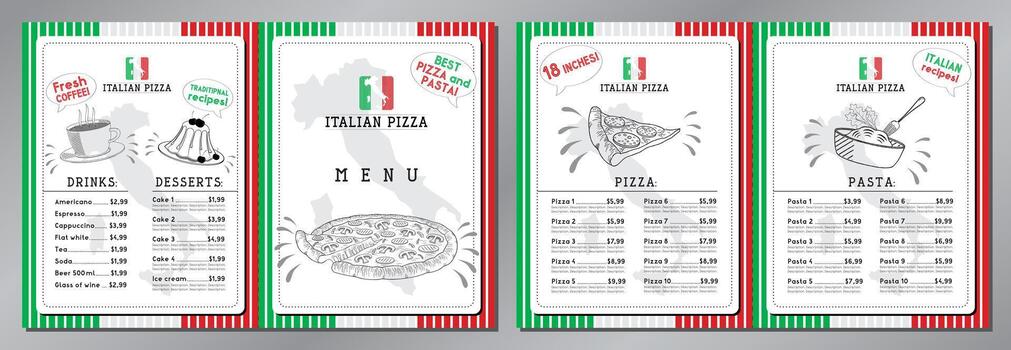 Pizza and Pasta Menu Card with Flag of Italy in Background vector