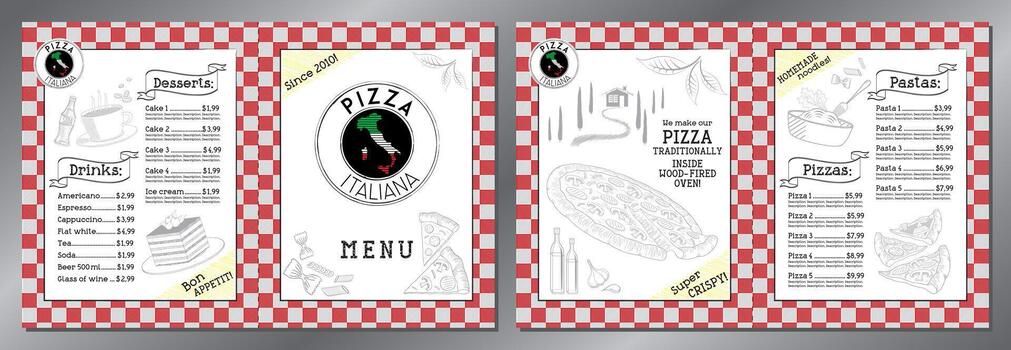 Italian Pizza and Pasta Menu Card with Checker Red and White Background vector