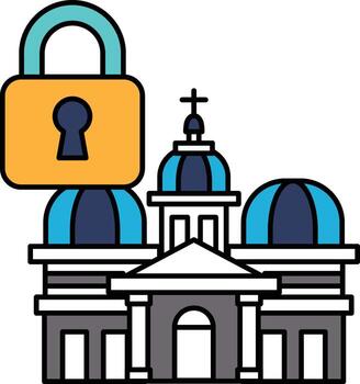 A black and white drawing of a building with a keyhole on the front vector