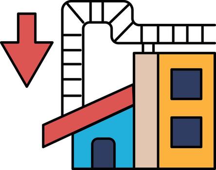 un edificio con un abajo flecha en eso vector