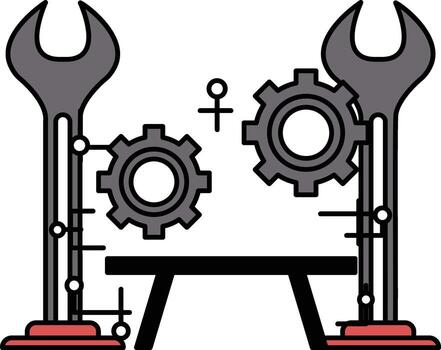 un negro y blanco dibujo de dos engranajes con un llave inglesa en Entre ellos vector