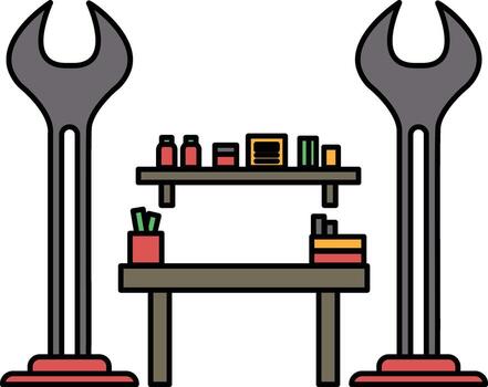 A black and white drawing of a workbench with a shelf and a wrench vector