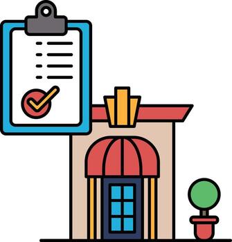 A black and white drawing of a building with a clipboard and a check mark on it vector