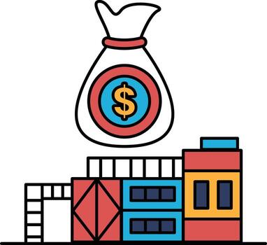 A black and white drawing of a building with a large bag of money on top of it vector