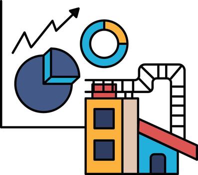 A graph with a rising line and a pie chart with a circle and a triangle vector