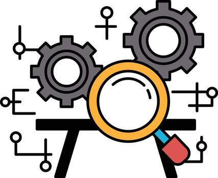 un negro y blanco imagen de un engranaje con un aumentador vaso terminado eso vector