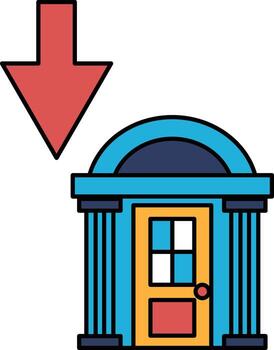 A building with a large archway and a sign pointing down vector