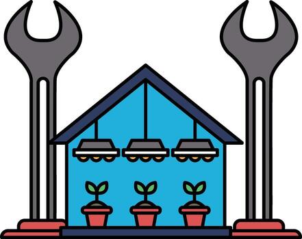 A black and white drawing of a house with a wrench on top of it vector