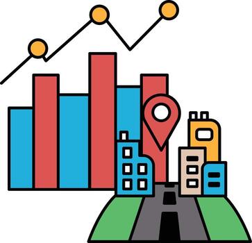 A city skyline with a road and a map with a pin on it vector