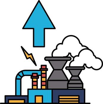 A black and white drawing of a factory with a large arrow pointing upwards vector