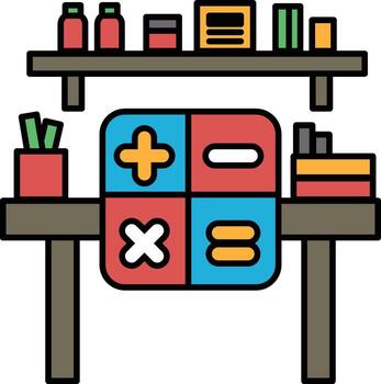A white and black drawing of a desk with a calculator and a box of pills vector