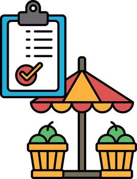 un portapapeles con un cheque marca en eso es siguiente a un mesa con un pabellón vector