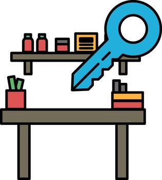 A key is on a desk with a shelf above it vector