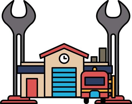 un negro y blanco dibujo de un edificio con un reloj en el lado vector