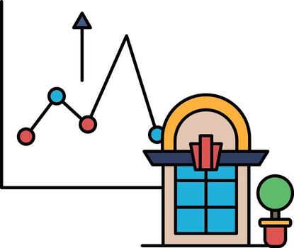 un grafico con un línea yendo arriba y un edificio con un reloj en eso vector