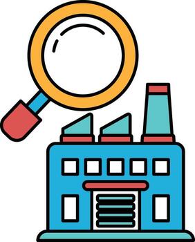A black and white drawing of a factory with a magnifying glass on top of it vector
