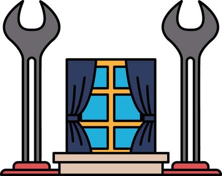 A black and white drawing of a window with a pair of wrenches on either side vector