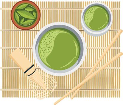 Overhead view of matcha tea preparation with a bowl, whisk, and bamboo mat. vector