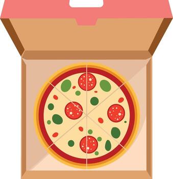 A pepperoni pizza with green toppings is displayed inside an open cardboard delivery box. vector