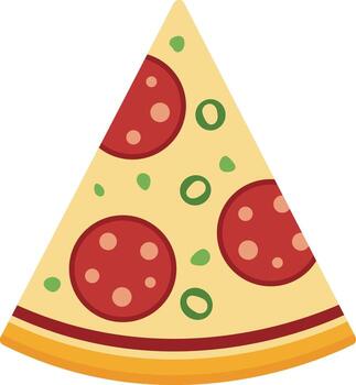 A triangular slice of pizza is depicted with pepperoni, cheese, and green pepper toppings on a crust. vector