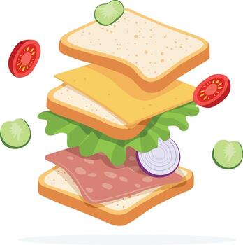 An exploded view illustration of a sandwich with bread, cheese, lettuce, ham, onion, tomato, and cucumber slices floating in the air. vector