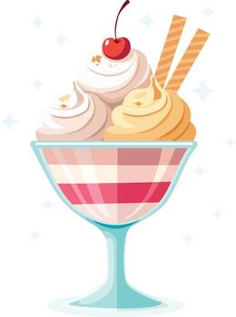 A stylized illustration of a sundae with layers of red and white jelly, topped with swirls of cream, a cherry, and two wafer sticks. vector