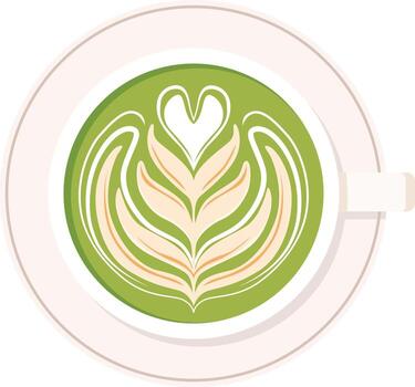 Top-down view of a cup of matcha latte with a heart and floral design in the foam, sitting on a white saucer. vector