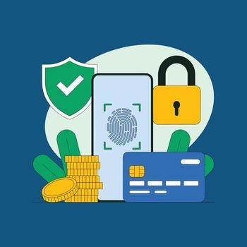 Mobile Security Concept with Fingerprint, Lock, Shield, and Credit Card smartphone biometric vector