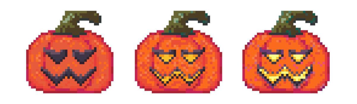 Funny halloween sprite with pixel pumpkin face, retro 8bit game character avatar and smile emoticon, cute arcade animation with kawaii mood and expression, sticker-style gif and storyboard element. vector