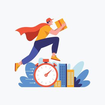 Fast delivery man with cape running with package and stopwatch courier vector