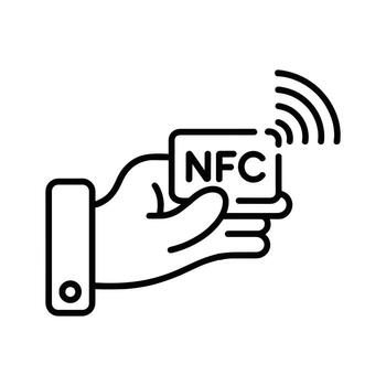 Outline icon of hand holding NFC card with wireless signal Near Field Communication vector