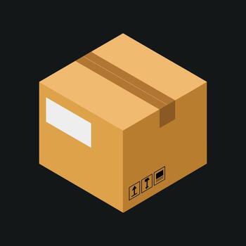 Cardboard shipping box with tape and labels on black background Keywords, shipping box, cardboard box vector
