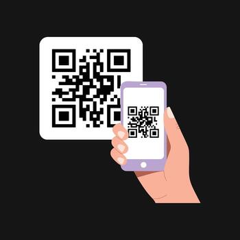 Hand Holding Smartphone Scanning aQR Code on White Square on Black Keywords QR code, scanning vector