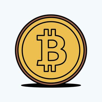 Yellow Bitcoin cryptocurrency coin with black outline on white background Keywords Bitcoin vector