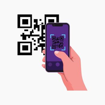 Hand holding smartphone scanning a large QR code with blue highlights QR code mobile vector
