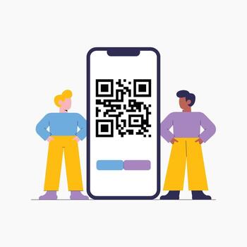 Two men standing next to a large smartphone displaying aQR code QR code scanning vector