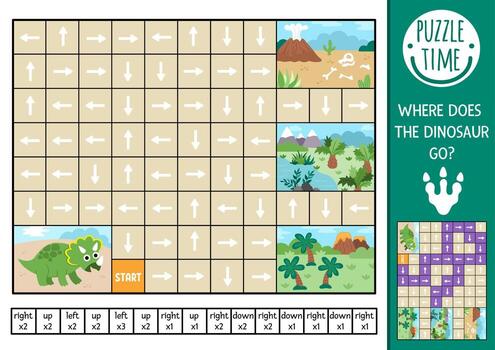 Dinosaur logic maze for kids with triceratops. Prehistoric preschool printable activity. Labyrinth game or puzzle with left, right, up, down concept. Follow the arrow and find out where dino goes vector