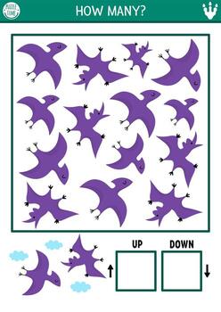 Dinosaur logic game with up and down concept for kids. I spy searching, counting activity with ancient animal. Prehistoric printable space orientation worksheet for preschool children with pterosaur vector