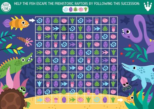 Marine dinosaur maze with eggs, fossils. Attention skills puzzle. Prehistoric printable activity for kids. Logical searching puzzle with succession of elements. Help the fish escape the raptors vector