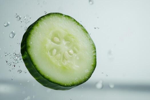 A slice of cucumber is being splashed with water photo