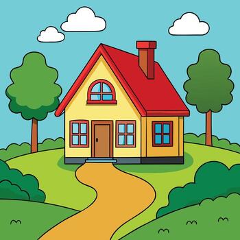 cartoon house with path and trees in the background vector