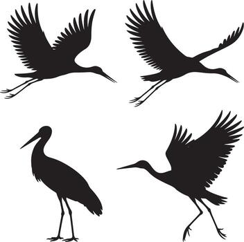 dinámica silueta representación de grúas en varios volador poses en un llanura antecedentes vector