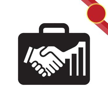 Black and white icon of a briefcase with a handshake and bar chart, symbolizing business investment, partnership, and financial growth. vector