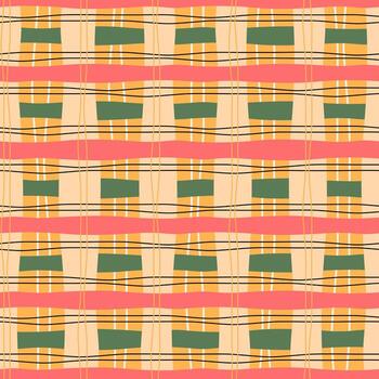 Wavy plaid tartan seamless pattern. Playful abstract checkered background with warped crossed bright yellow, pink, green lines and stripes. Modern retro vibes geometric repeat tile. vector