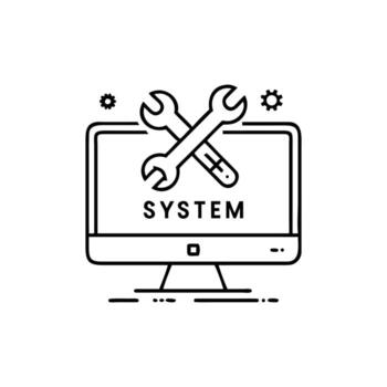 Line Icon Computer System, Crossed Wrenches, and Gears with Background vector