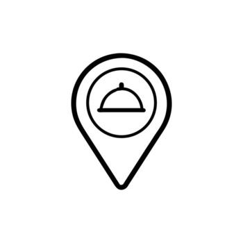 contorno icono de restaurante campana de cristal en mapa puntero en blanco fondo, aislado vector